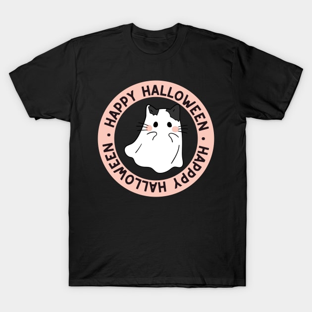 Cute Kitty Cat Ghost Creepy House Halloween T-Shirt by Sleepy Time Tales